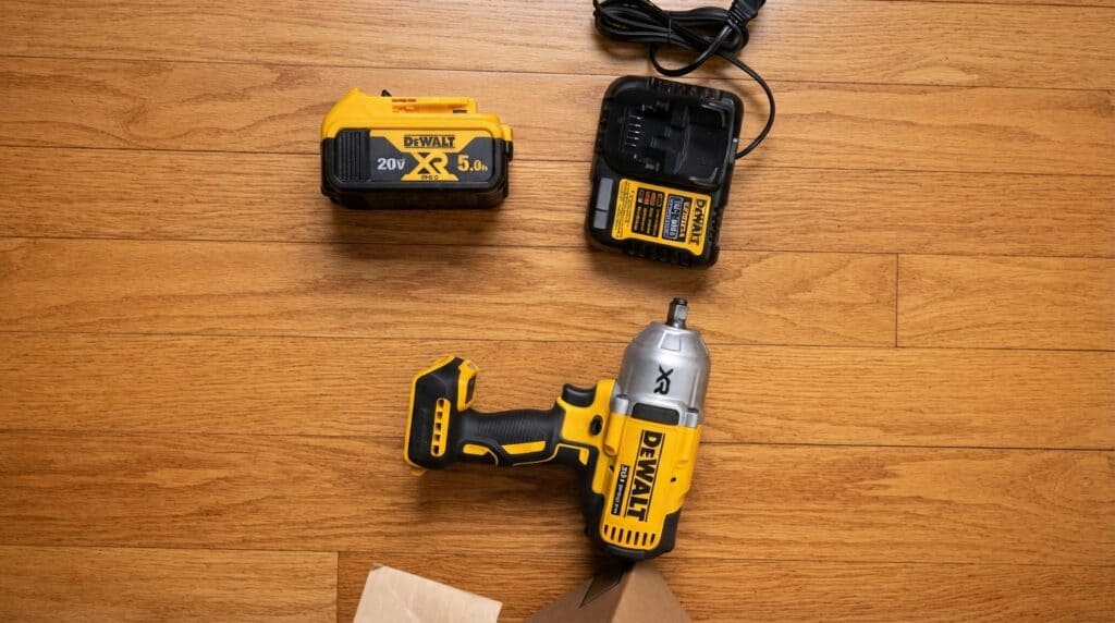 DeWalt 20V MAX impact wrench with battery and charger on wooden surface.
