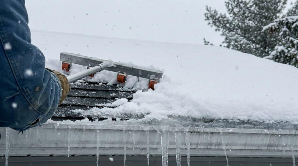 Person using a snow rake to clear snow from roof edge.