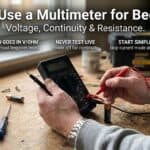 Person using a multimeter to test electrical voltage and resistance.