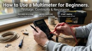 Person using a multimeter to test electrical voltage and resistance.