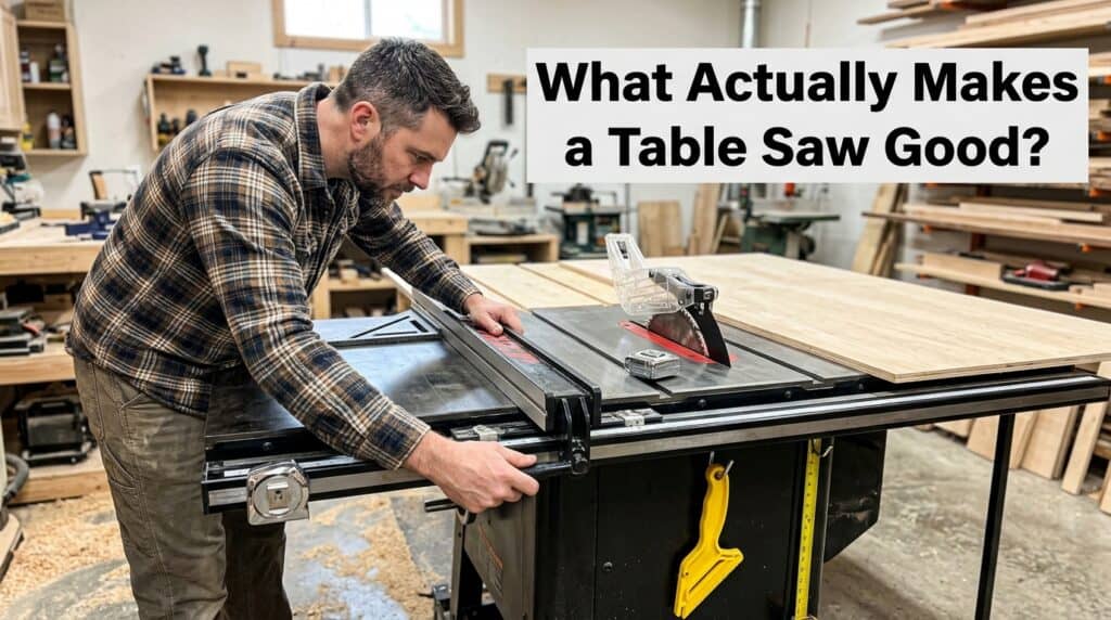 Man adjusting a professional table saw in woodworking shop.