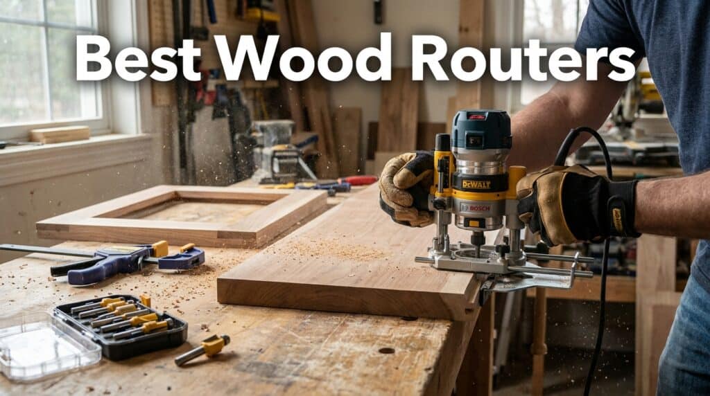 Person using a wood router on a wooden board in a workshop.
