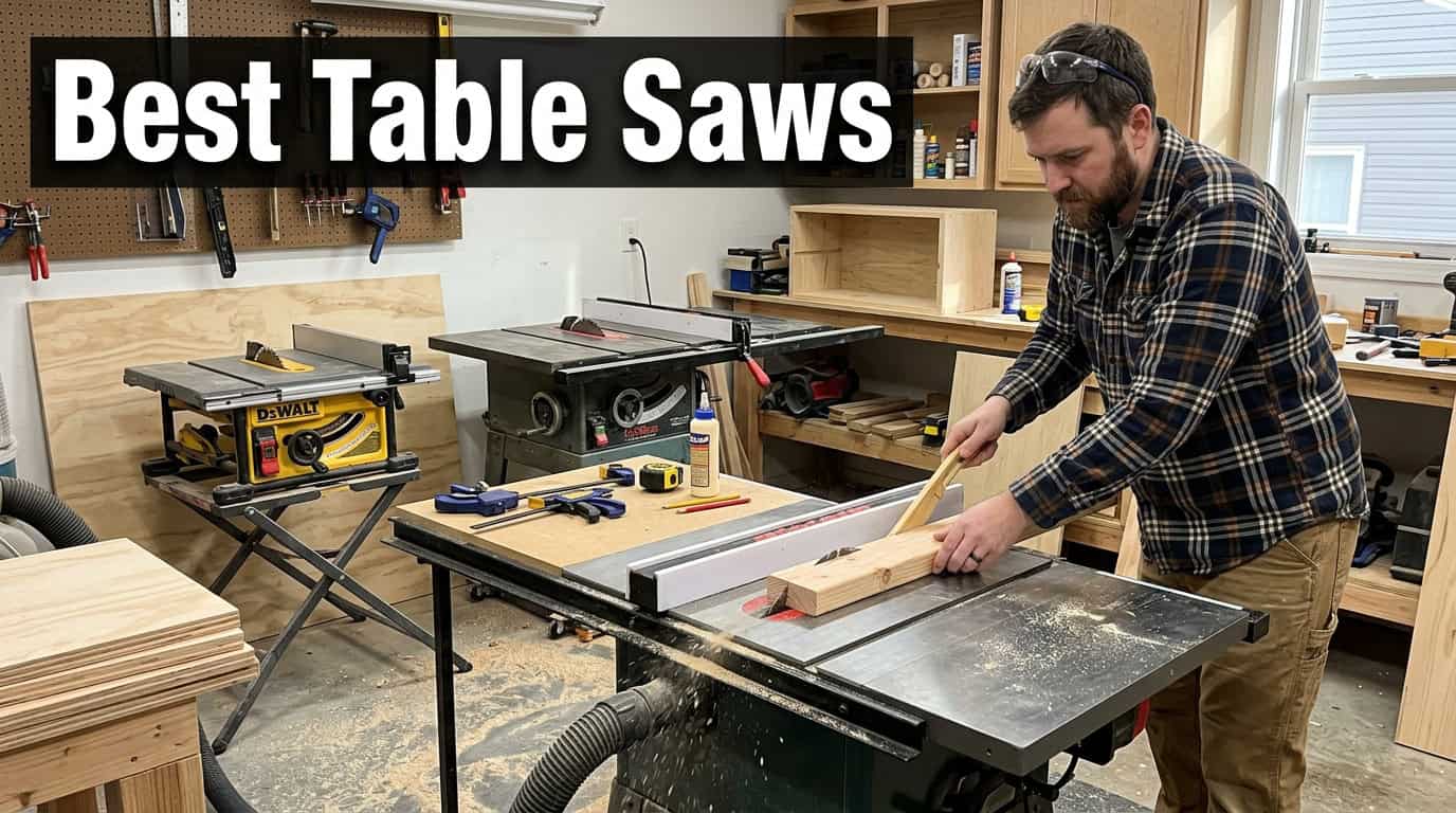 Man using a table saw in a woodworking workshop for carpentry projects.