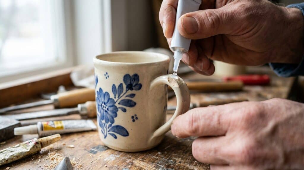Person applying super glue to ceramic mug for repair or crafting.