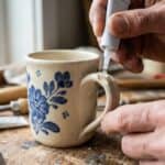 Person applying super glue to ceramic mug for repair or crafting.