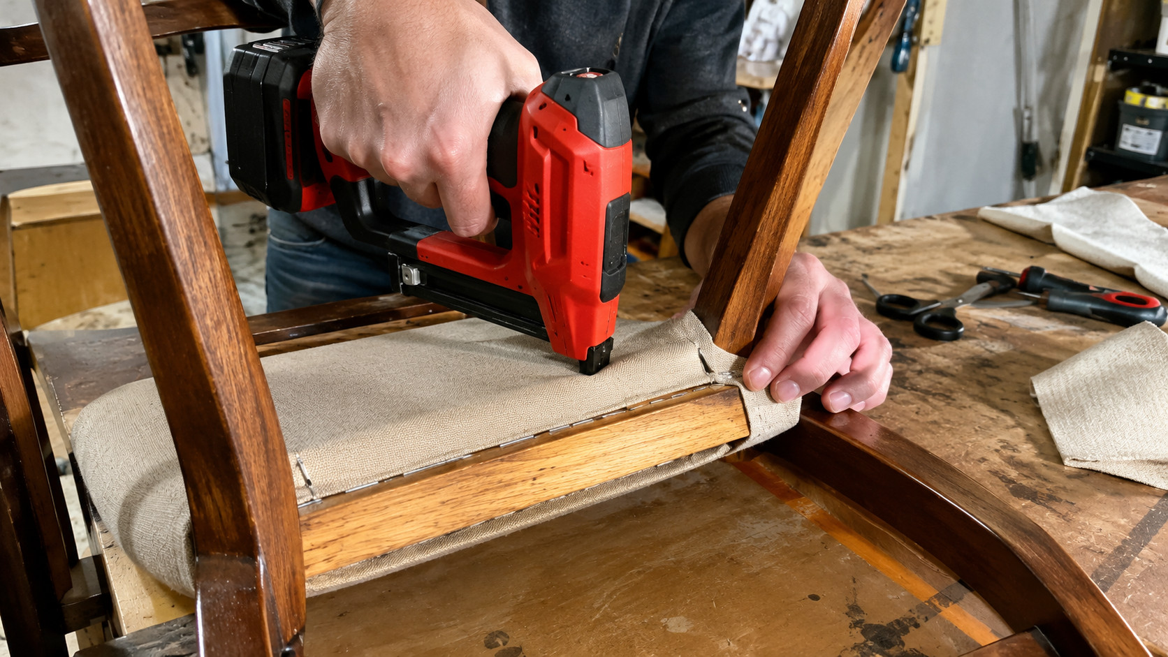 Person using a cordless staple gun on furniture upholstery project.