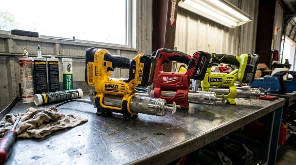 Multiple cordless grease guns from DeWalt, Milwaukee, RYOBI on workbench for maintenance tasks.