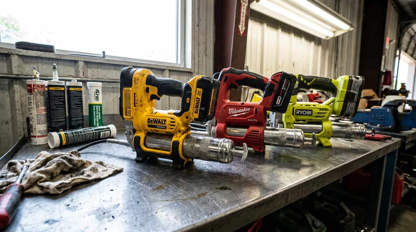 Multiple cordless grease guns from DeWalt, Milwaukee, RYOBI on workbench for maintenance tasks.
