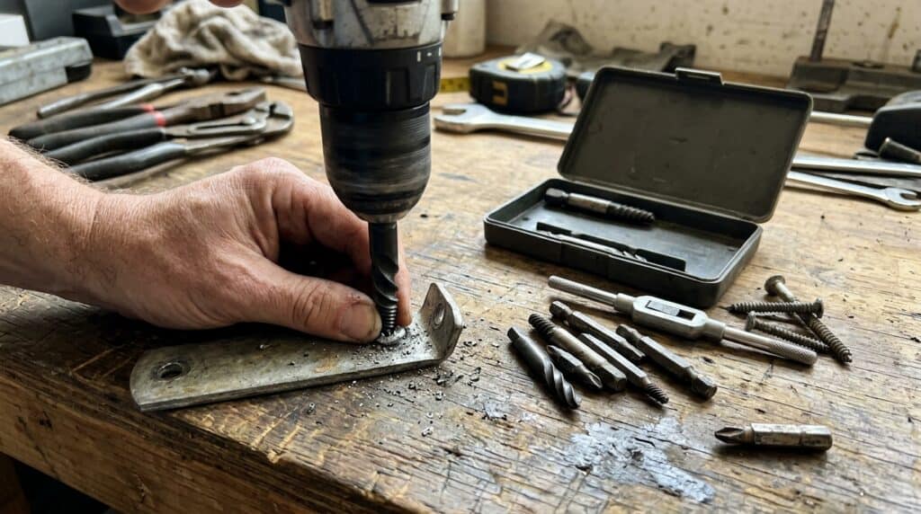 Using a drill to remove a stripped screw with a screw extractor set.