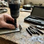 Using a drill to remove a stripped screw with a screw extractor set.
