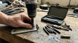 Using a drill to remove a stripped screw with a screw extractor set.