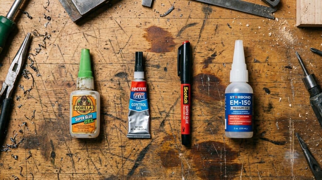 Assorted super glues and adhesives on a wooden workbench for repairs.