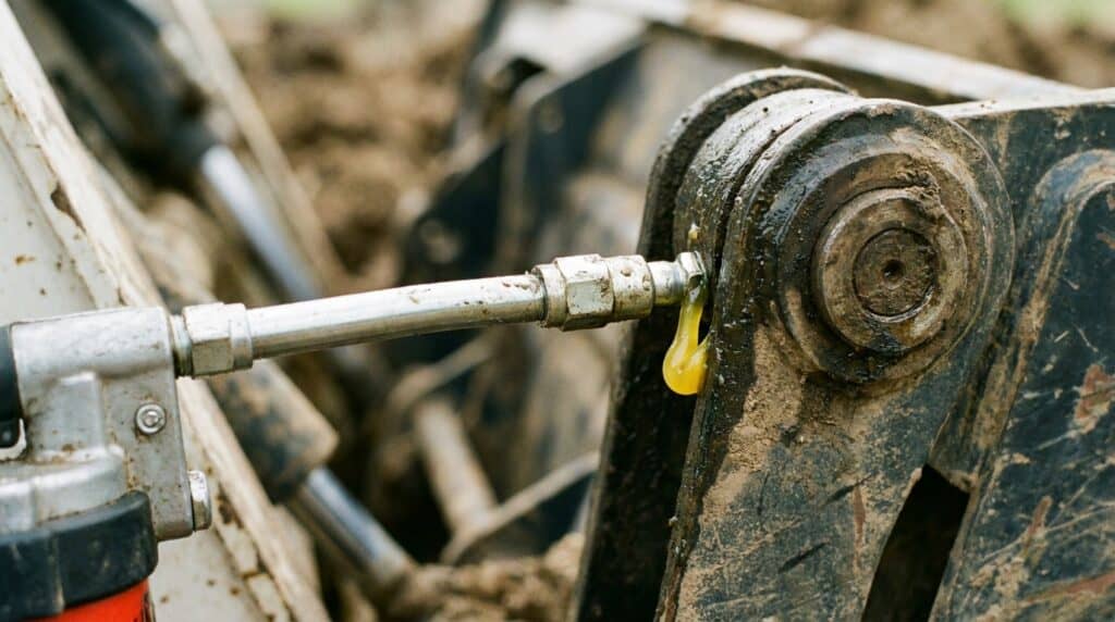 Close-up of hydraulic cylinder and piston on construction equipment.