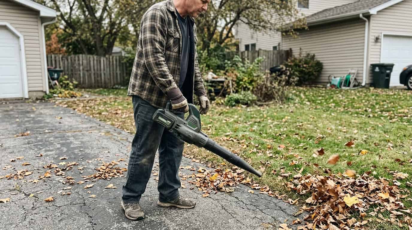 Person blowing leaves with cordless leaf blower in suburban yard.