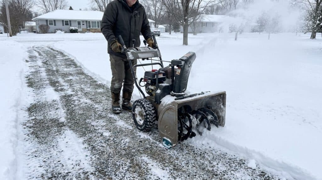 Person using snow blower on gravel driveway in winter.