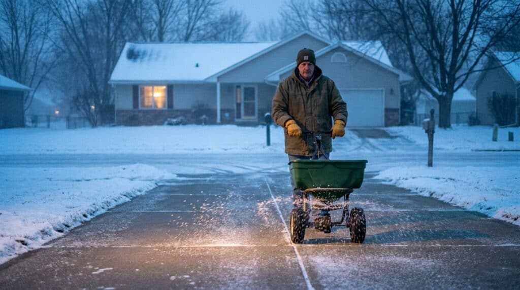 Man spreading ice melt on driveway during winter snowstorm.