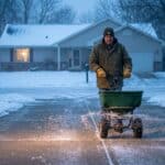 Man spreading ice melt on driveway during winter snowstorm.