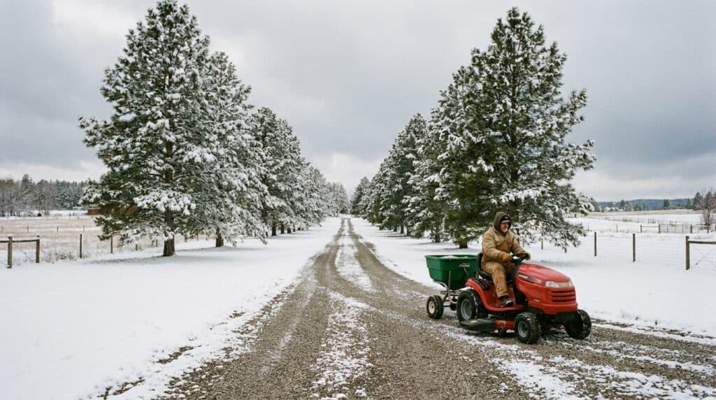 Man driving a red tractor through snow-covered rural landscape with trees.