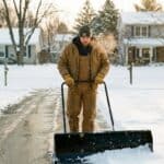 Man using snow pusher on snowy residential driveway during winter.