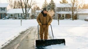 Man using snow pusher on snowy residential driveway during winter.