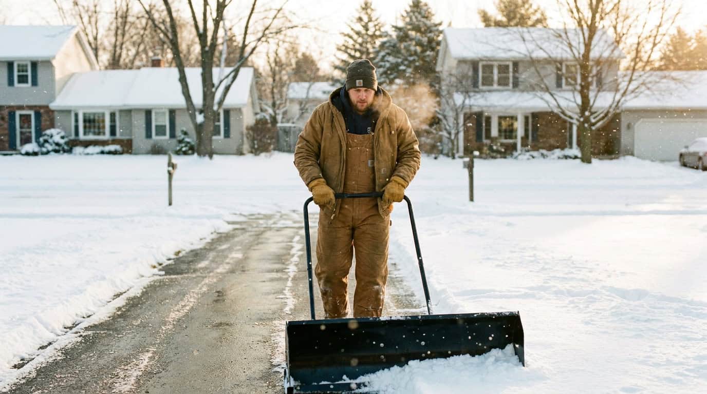 Man using snow pusher on snowy residential driveway during winter.