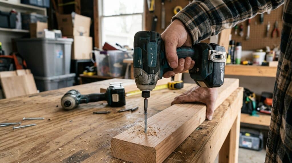 Person using impact driver on wood in workshop for woodworking projects.