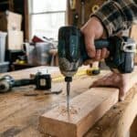 Person using impact driver on wood in workshop for woodworking projects.